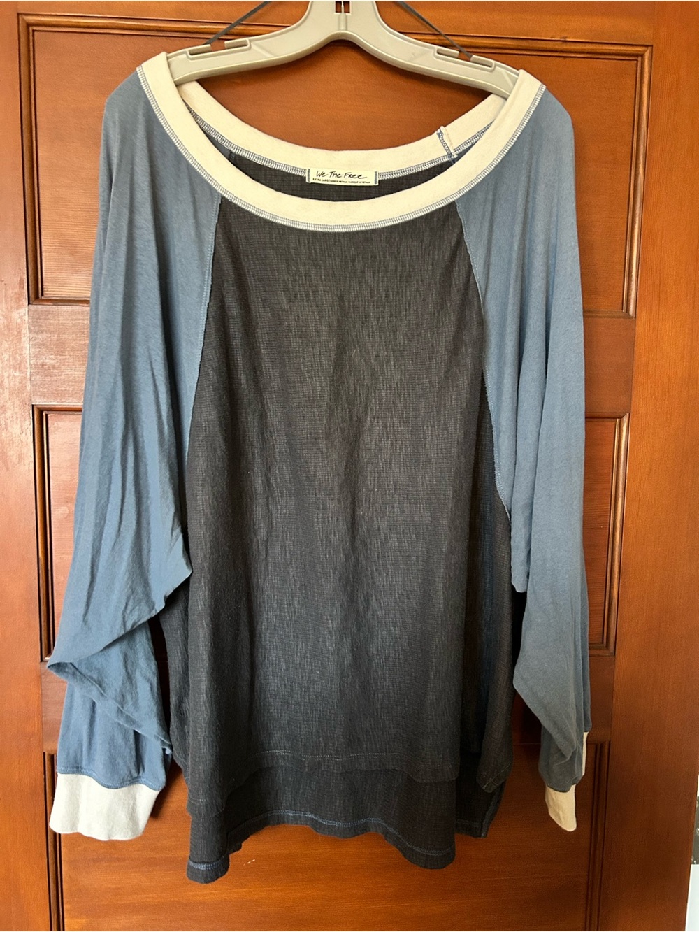 Free People Charcoal Body with Blue Raglan Sleeves Long Sleeve Top